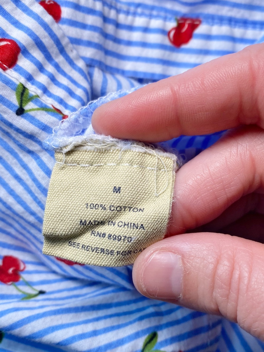 Love Notes Blue White Striped Cherry Print Button-Down Shirt Size M - Picture 11 of 15
